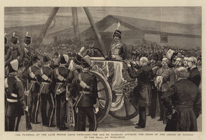 Pogrzeb zmarłego księcia Ludwika Napoleona, księcia de Bassano, umieszczającego Krzyż Legii Honorowej na palu w Woolwich (rycina) autorstwa English School
