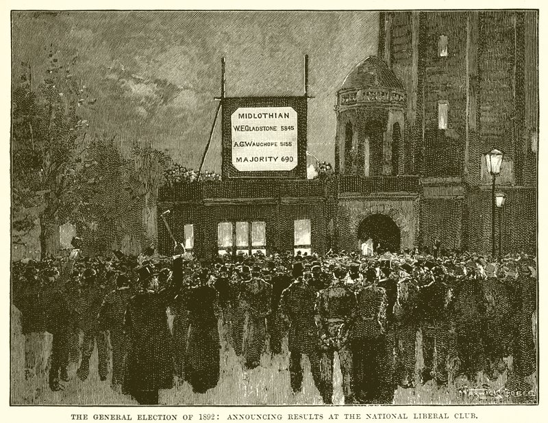 Wybory powszechne w 1892 r.: Ogłoszenie wyników w National Liberal Club autorstwa English School