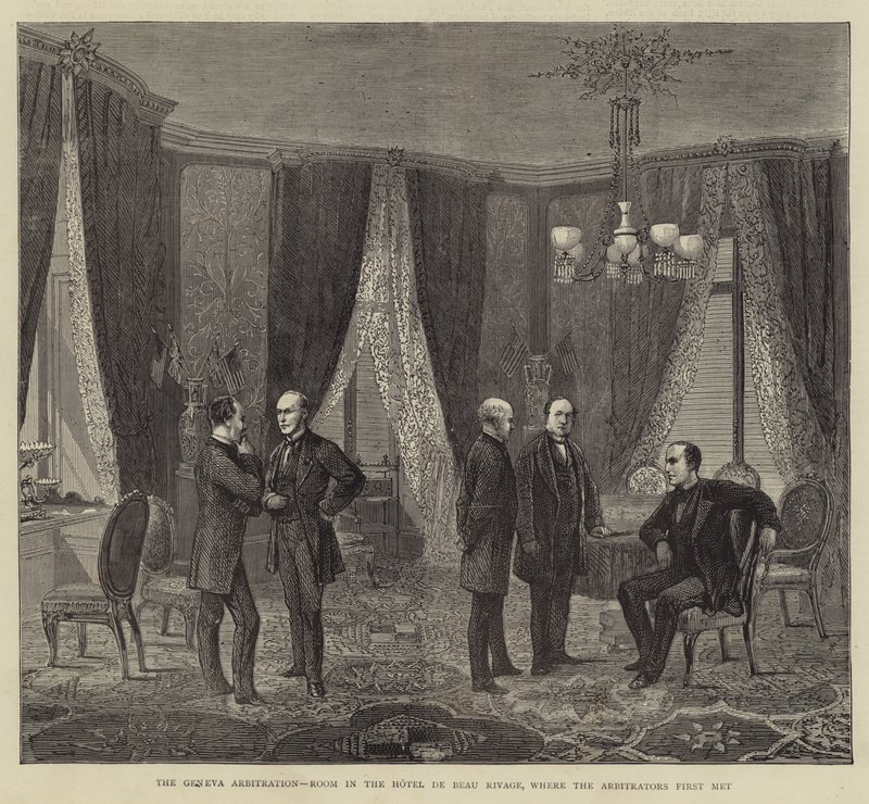 Arbitraż genewski, sala w Hotel de Beau Rivage, gdzie po raz pierwszy spotkali się Arbitrzy (rycina) autorstwa English School