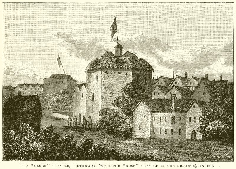 The Globe Theatre, Southwark (z teatrem Rose w oddali), w 1613 autorstwa English School