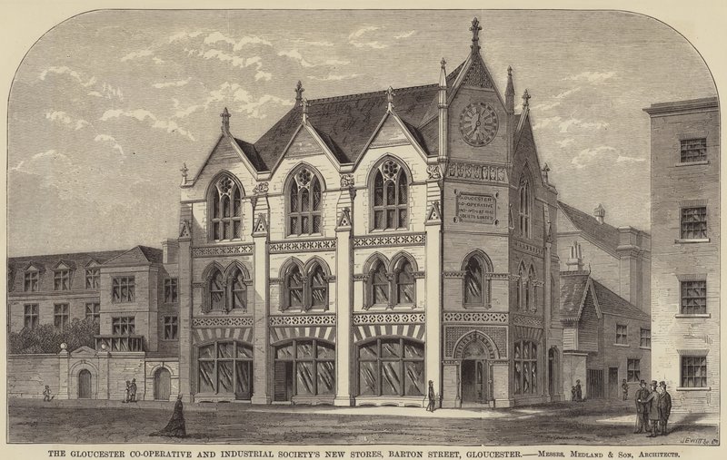 Nowe sklepy spółdzielni i towarzystwa przemysłowego Gloucester, Barton Street, Gloucester (grawerowanie) autorstwa English School