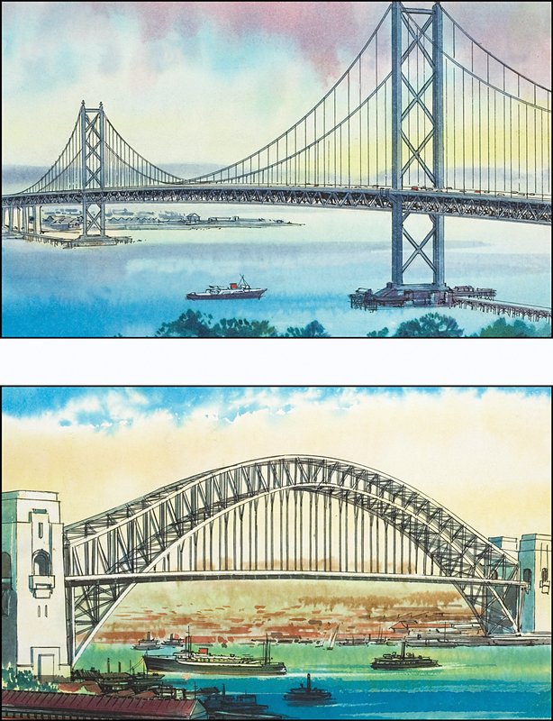 Most Golden Gate w San Francisco i most Sydney Harbour Bridge autorstwa English School
