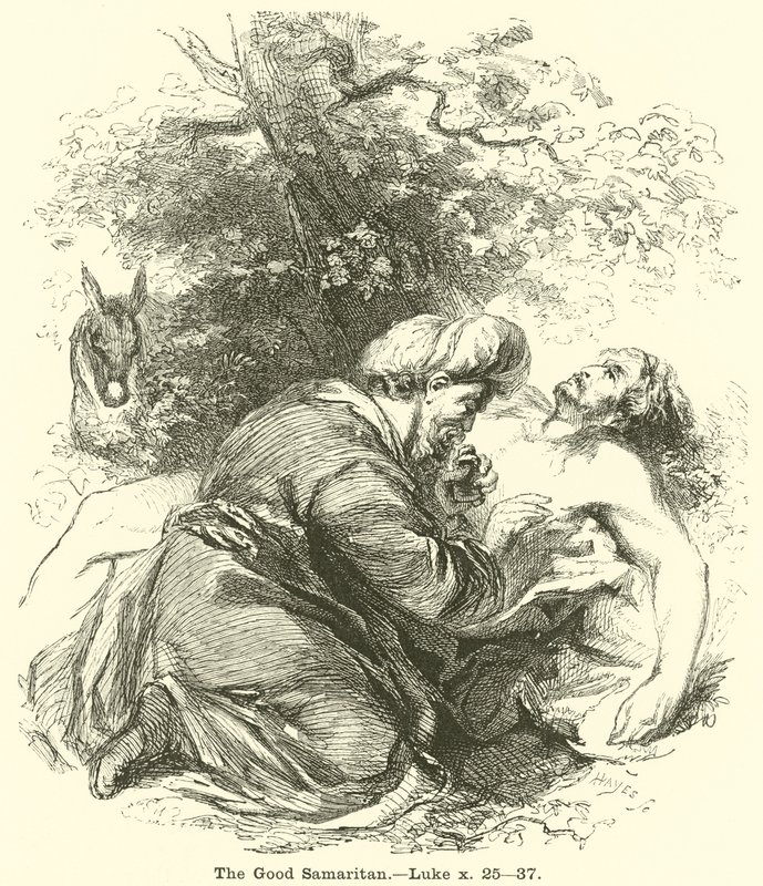 Dobry Samarytanin, Łukasz, x, 25, 37 autorstwa English School
