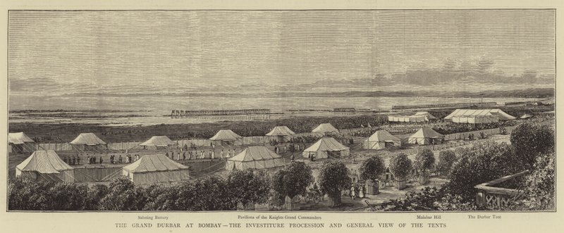Grand Durbar w Bombaju, procesja inwestytury i widok ogólny namiotów (rycina) autorstwa English School