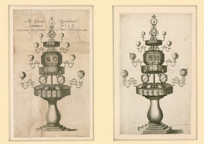 Wielka Piramida i Wielopostaciowa Tarcza ustawiona w Tajnym Ogrodzie w Whitehall, 24 lipca 1669 r. autorstwa English School