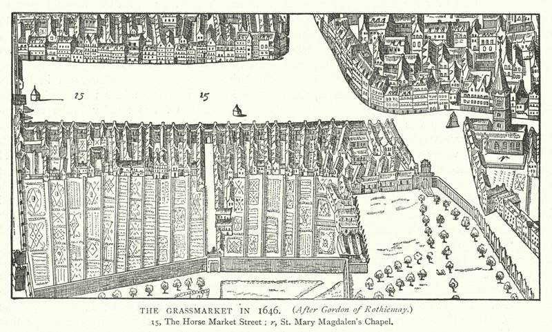Grassmarket w 1646 r. (rycina) autorstwa English School