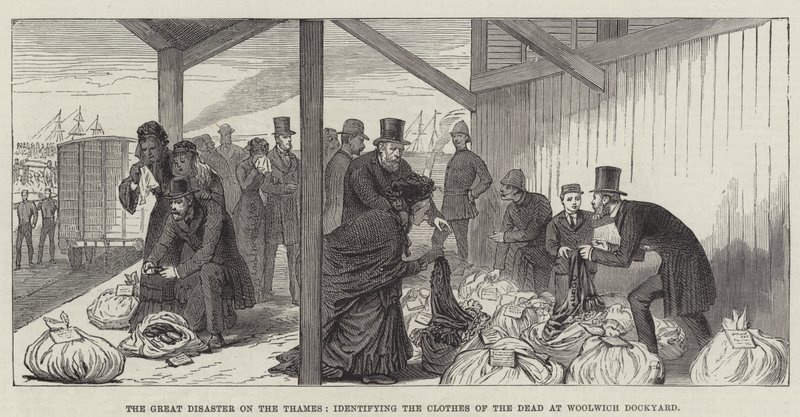 Wielka Katastrofa nad Tamizą, identyfikująca Ubrania Umarłych w Woolwich Dockyard (rycina) autorstwa English School