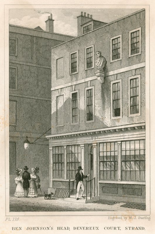 Grecian Coffee House, Devereux Court, Strand, z popiersiem Bena Johnsona autorstwa English School