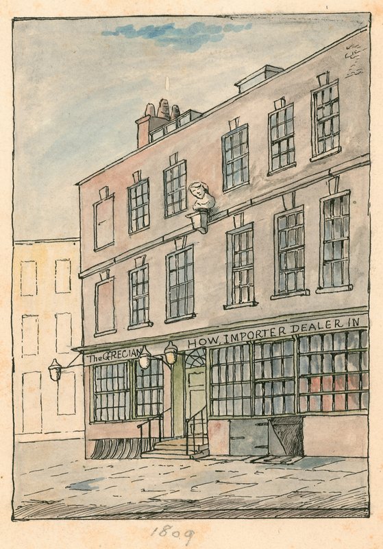 Grecian Coffee House, Devereux Court, Strand, z popiersiem Bena Johnsona autorstwa English School