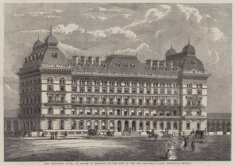 Hotel Grosvenor, w trakcie wznoszenia na miejscu starego basenu Grosvenor, Belgravia (rycina) autorstwa English School
