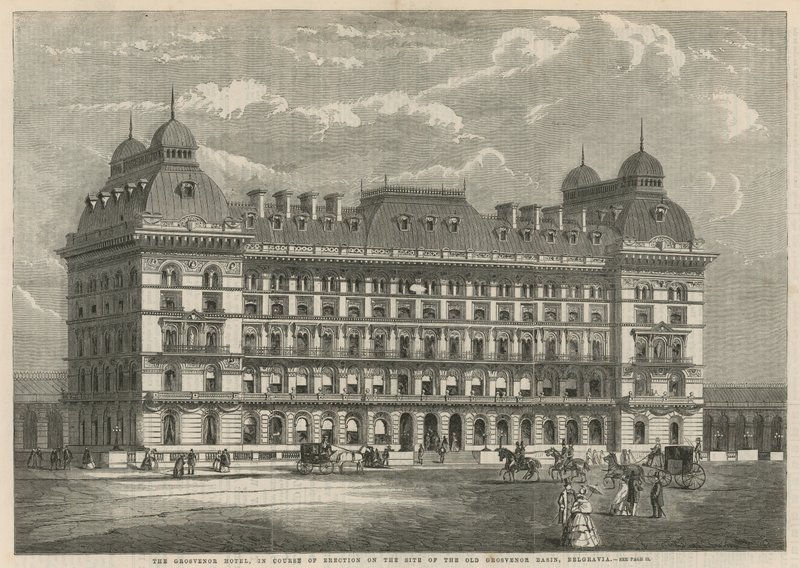 Grosvenor Hotel, w trakcie wznoszenia na miejscu dawnego Zagłębia Grosvenor, Belgravia autorstwa English School