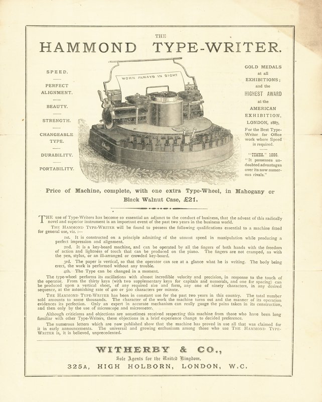 Maszyna do pisania Hammond firmy Wetherby & Co, High Holborn, Londyn autorstwa English School