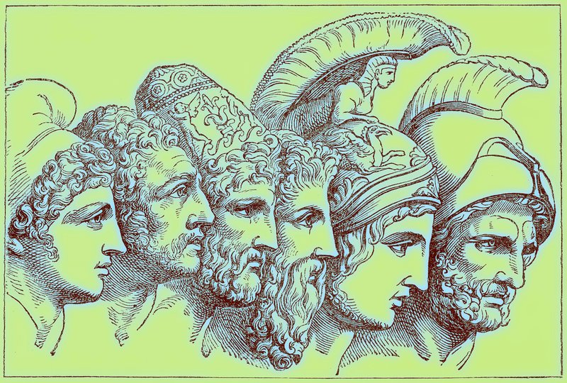 Bohaterowie wojny trojańskiej: Paryż, Diomedes, Odyseusz, Nestor, Achilles, Agamemnon, ilustracja z Ilustrowanej Historii Świata, wydanej ok. 1880 r. (obraz ulepszony cyfrowo) autorstwa English School