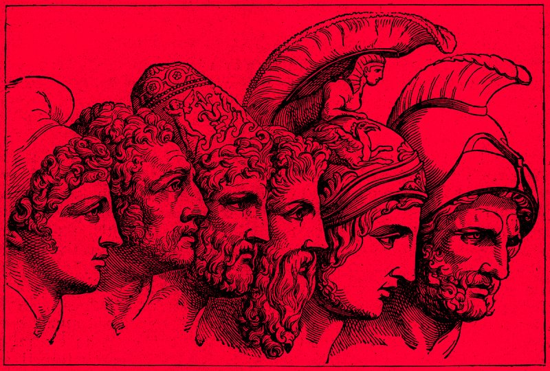 Bohaterowie wojny trojańskiej: Paryż, Diomedes, Odyseusz, Nestor, Achilles, Agamemnon, ilustracja z Ilustrowanej Historii Świata, wydanej ok. 1880 r. (obraz ulepszony cyfrowo) autorstwa English School