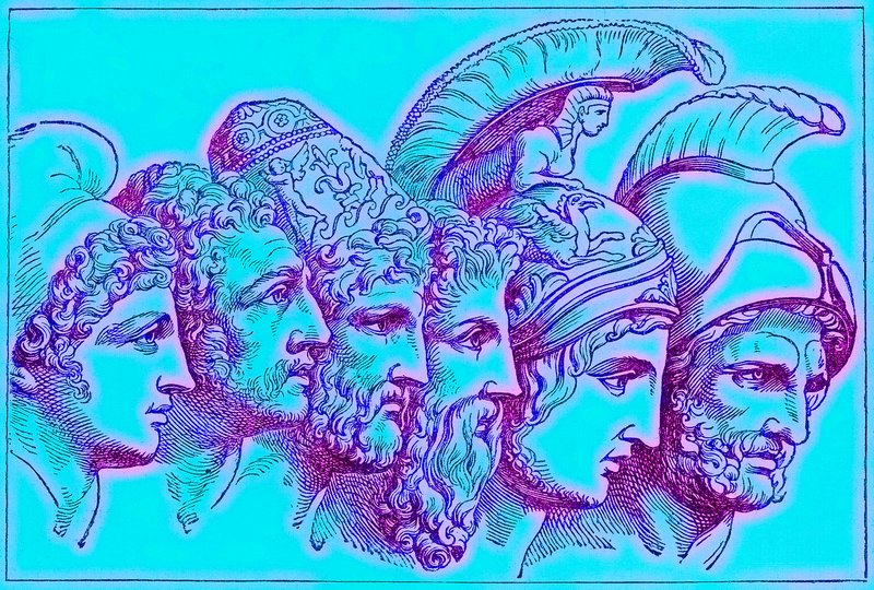 Bohaterowie wojny trojańskiej: Paryż, Diomedes, Odyseusz, Nestor, Achilles, Agamemnon, ilustracja z Ilustrowanej Historii Świata, wydanej ok. 1880 r. (obraz ulepszony cyfrowo) autorstwa English School