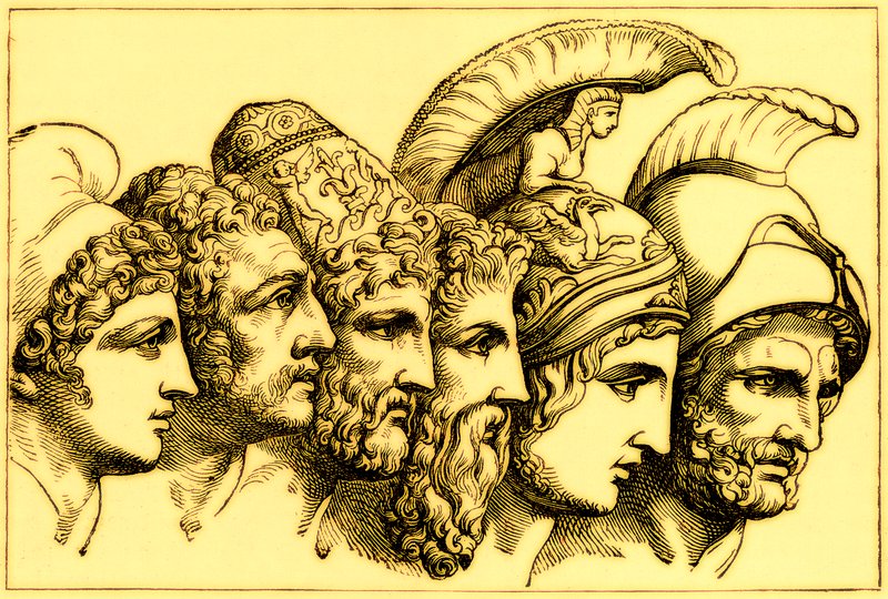 Bohaterowie wojny trojańskiej: Paryż, Diomedes, Odyseusz, Nestor, Achilles, Agamemnon, ilustracja z Ilustrowanej Historii Świata, wydanej ok. 1880 r. (obraz ulepszony cyfrowo) autorstwa English School
