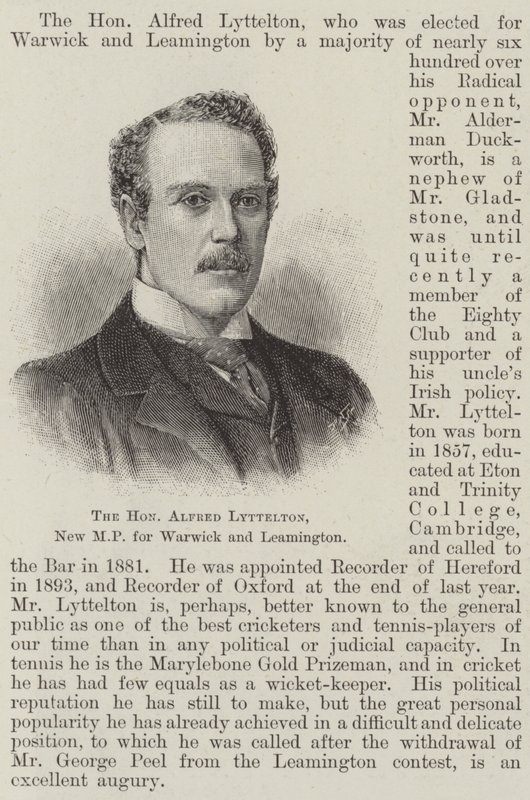 Szanowny Alfred Lyttelton, nowy poseł do Warwick i Leamington (grawerunek) autorstwa English School