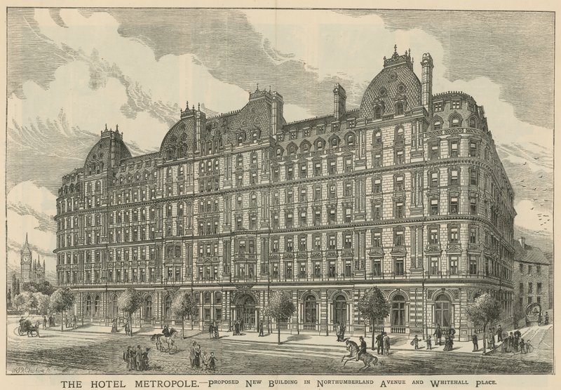Hotel Metropole, proponowany nowy budynek przy Northumberland Avenue i Whitehall Place autorstwa English School