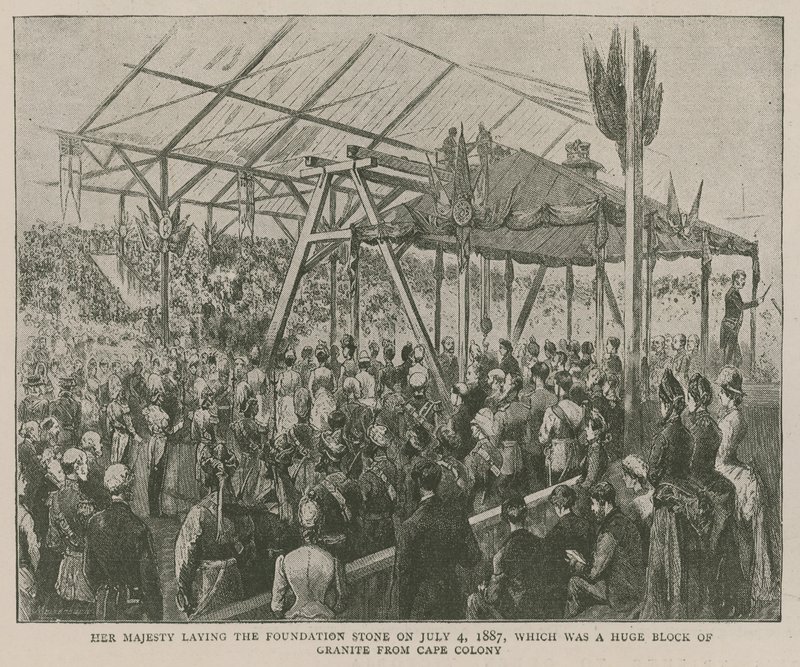 The Imperial Institute: Jej Wysokość kładzie kamień węgielny 4 lipca 1887, który był ogromnym blokiem granitu z Cape Colony autorstwa English School