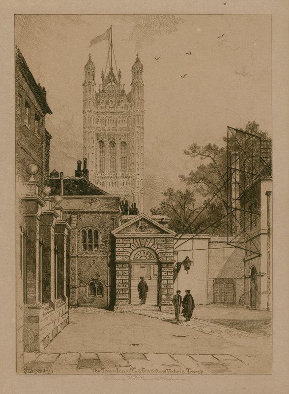 Inigo Jones Gateway i Victoria Tower w Westminster School autorstwa English School