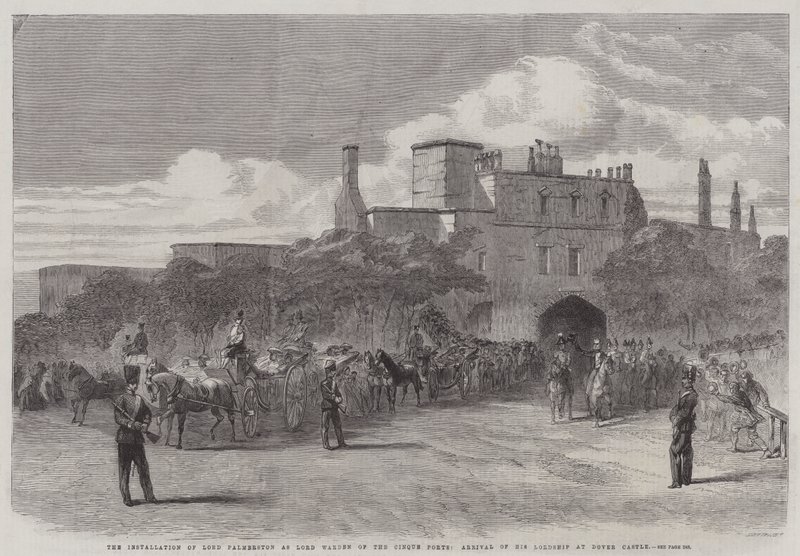 Instalacja Lorda Palmerstona jako Lorda Wardena Cinque Ports, przybycie Jego Lordowskiej Mości w Dover Castle (grawerowanie) autorstwa English School