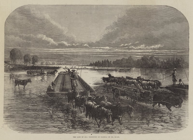 Kraina ropy, transport beczek na Oil Creek (rycina) autorstwa English School