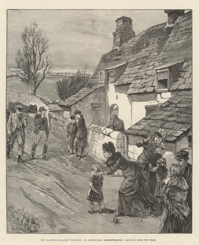 Wybuch w kopalni Llanerch w Abersychan, Monmouthshire, sprowadzający do domu umarłych (grawerowanie) autorstwa English School