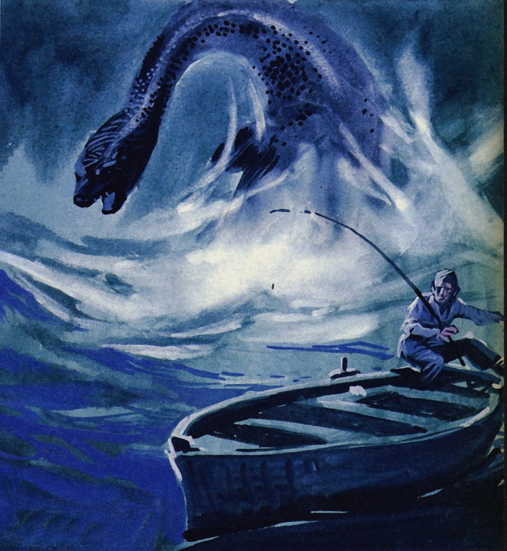 Potwór z Loch Ness atakuje rybaka autorstwa English School