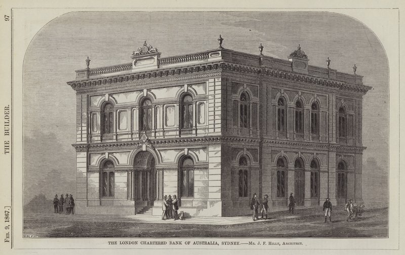 The London Chartered Bank of Australia, Sydney, pan J F Hilly, architekt (grawerowanie) autorstwa English School