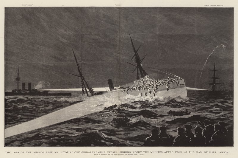Utrata linii kotwicy SS „Utopia” u wybrzeży Gibraltaru, statek zatonął około dziesięciu minut po uszkodzeniu barana HMS „Anson” (rycina) autorstwa English School