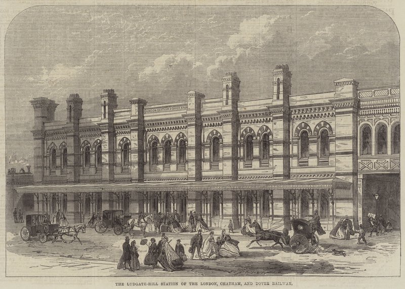 Stacja Ludgate-Hill London, Chatham i Dover Railway (grawerowanie) autorstwa English School