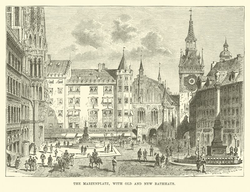 Marienplatz ze starym i nowym ratuszem autorstwa English School