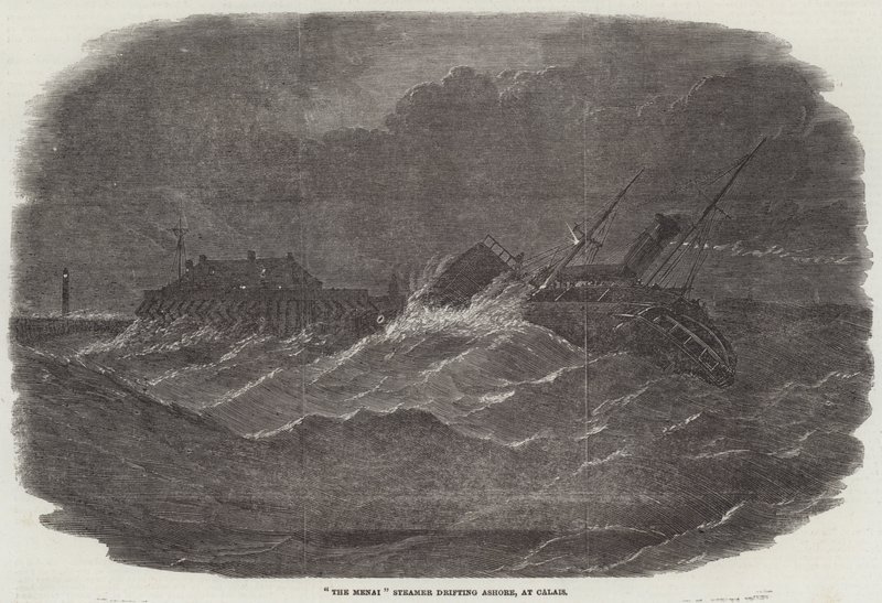 Parowiec „The Menai” dryfujący na ląd w Calais (grawerowanie) autorstwa English School