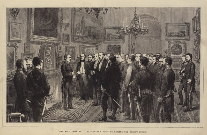 Ministerial Full Dress Dinner Party, próba przemówienia królowej (grawerunek) autorstwa English School