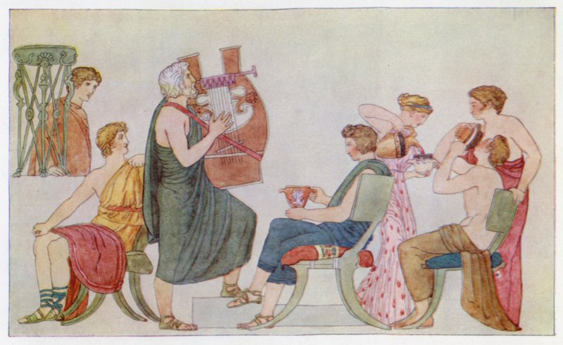 Minstrel śpiewający zalotnikom (kolorowa litografia) autorstwa English School