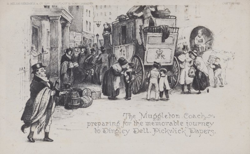 Trener Muggleton przygotowujący się do niezapomnianej podróży do Dingley Dell, Pickwick Papers (zdjęcie czarno-białe) autorstwa English School