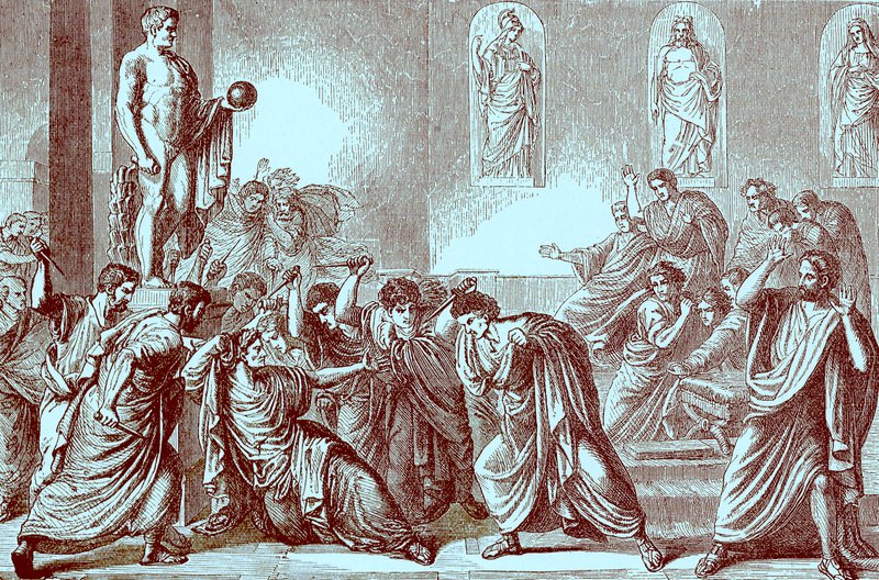 Morderstwo Juliusza Cezara, ilustracja z Ilustrowanej Historii Świata, wydanej ok. 1880 r. (obraz ulepszony cyfrowo) autorstwa English School