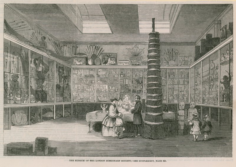 Muzeum Londyńskiego Towarzystwa Misyjnego na Bloomfield Street, opublikowane w Illustrated London News, 25 czerwca 1859 r. autorstwa English School