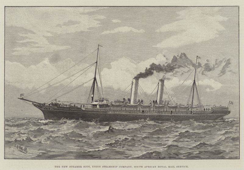 The New Steamer Scot, Union Steamship Company, South African Royal Mail Service (grawerowanie) autorstwa English School