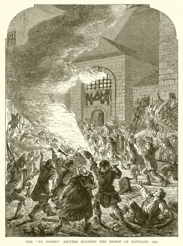 Buntownicy o zakaz papiestwa palący więzienie Newgate, 1780 r autorstwa English School