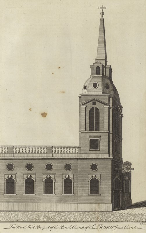 North West Prospect kościoła parafialnego St Benet Gracechurch, Londyn autorstwa English School