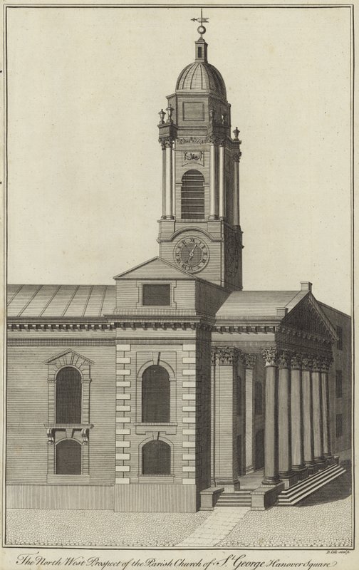 North West Prospect kościoła parafialnego św. Jerzego, Hanover Square, Londyn autorstwa English School