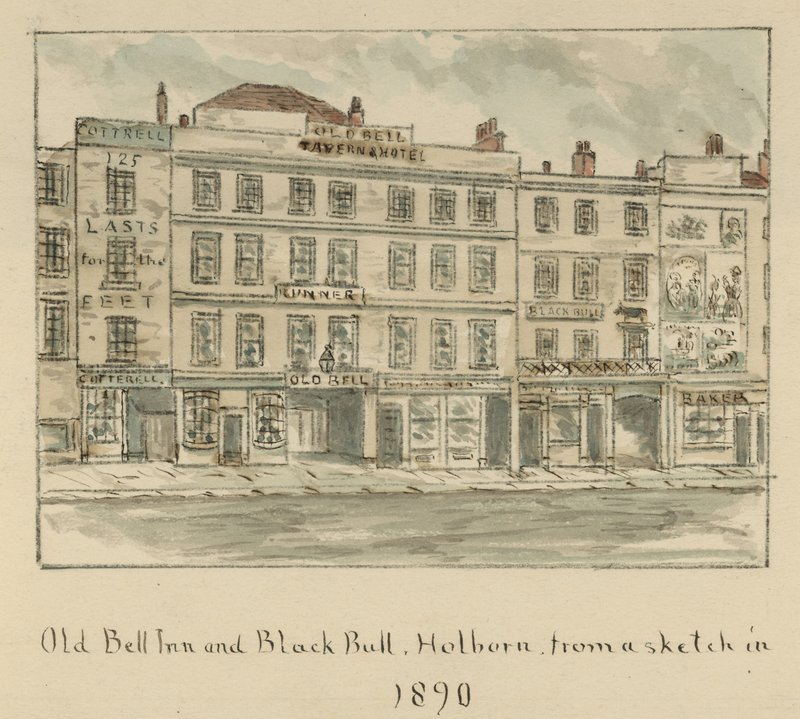 The Old Bell Inn and Black Bull, Holborn, Londyn (wc na papierze) autorstwa English School