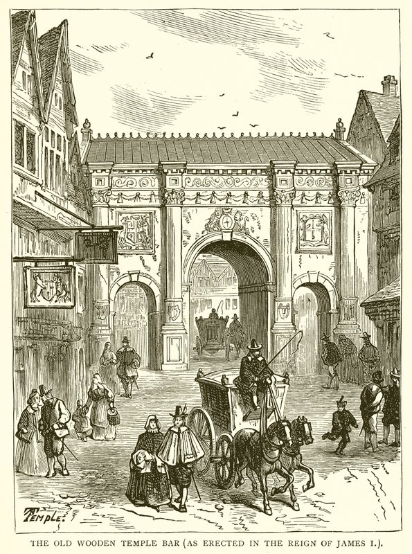 Stary drewniany Temple Bar (wzniesiony za panowania Jakuba I) autorstwa English School