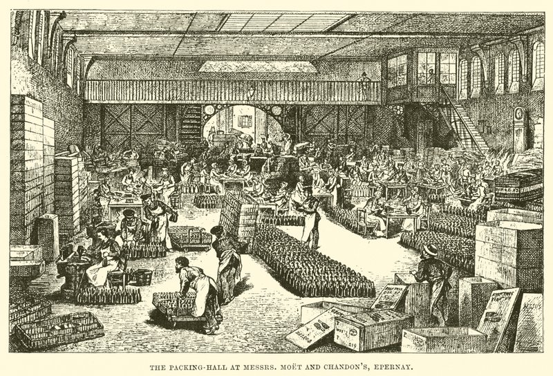Pakowanie-Hala w panowie Moet i Chandon, Epernay (grawerowanie) autorstwa English School
