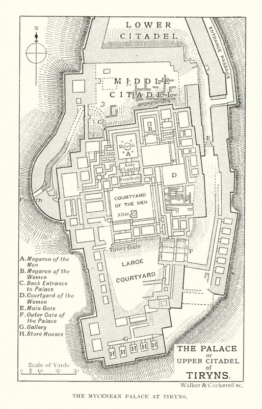 Pałac lub Górna Cytadela w Tiryns (litografia) autorstwa English School