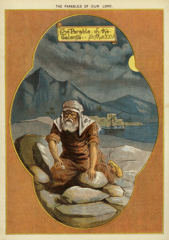 Przypowieści Chrystusa: przypowieść o workach złota (chromolitho) autorstwa English School