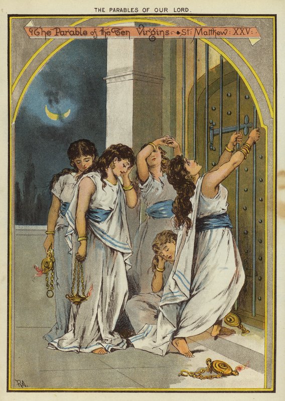 Przypowieści Chrystusa: przypowieść o dziesięciu dziewicach (chromolitho) autorstwa English School