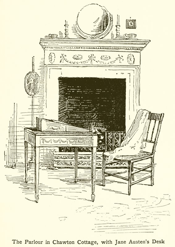 Salon w Chawton Cottage, z biurkiem Jane Austens autorstwa English School