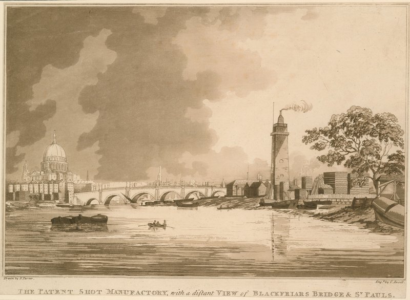 Manufactury Patent Shot, z odległym widokiem na Blackfriars Bridge i St Pauls w Londynie autorstwa English School